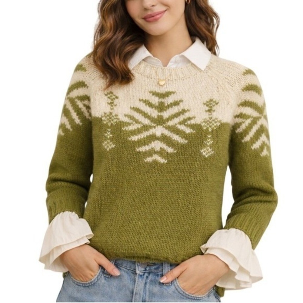 J. Crew Y2K Fair Isle Hand Knit Lambswool Sweater Women S Moss Green Snowflake